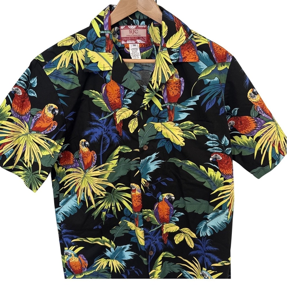 RJC Hawaiian Shirt Mens M Black Parrot Tropical Floral Made in Hawaii USA (READ)